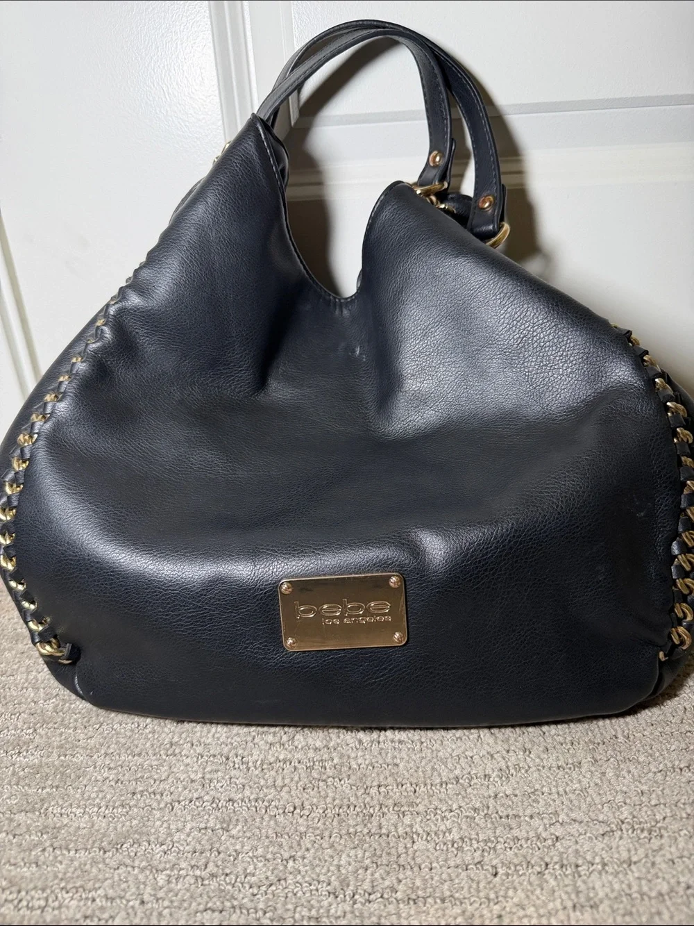 bebe Black Leather Hobo with Gold Chain Trim